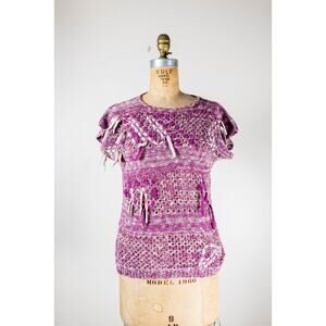 Vintage 70s Abstract Woven Sweater Blouse, Campus Casual, Magenta Pink Cream, M